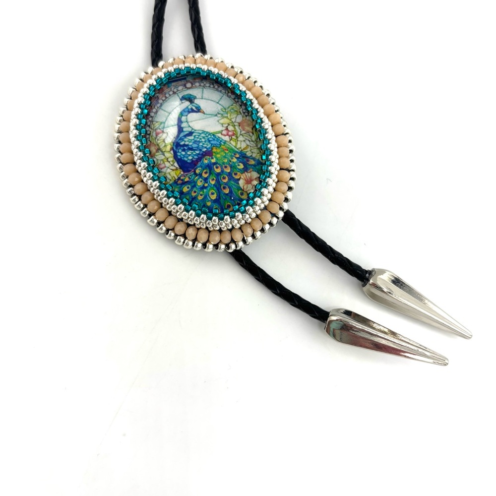 Hand Crafted Blue Peacock Pendant Bolo Tie Unisex
